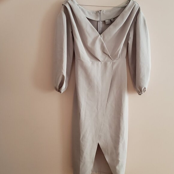 Gray Fallen Shoulder Wrap Midi Dress [ASOS] [Size 8] - Picture 1 of 5